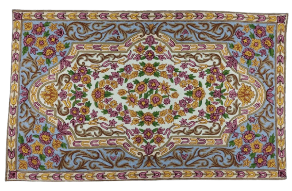 crewel embroidered carpet handmade in Kashmir